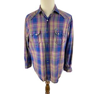 Guess Georges Marciano Vtg L Pearl Snap Plaid Long Sleeve Shirt 80s‎ USA Tartan